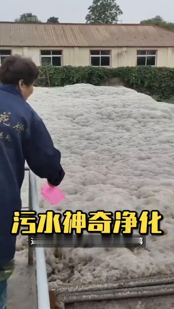 污水神奇净化。
这是污水处理厂处理污水的一幕。工人往池中倒入一勺白色液体，下一秒