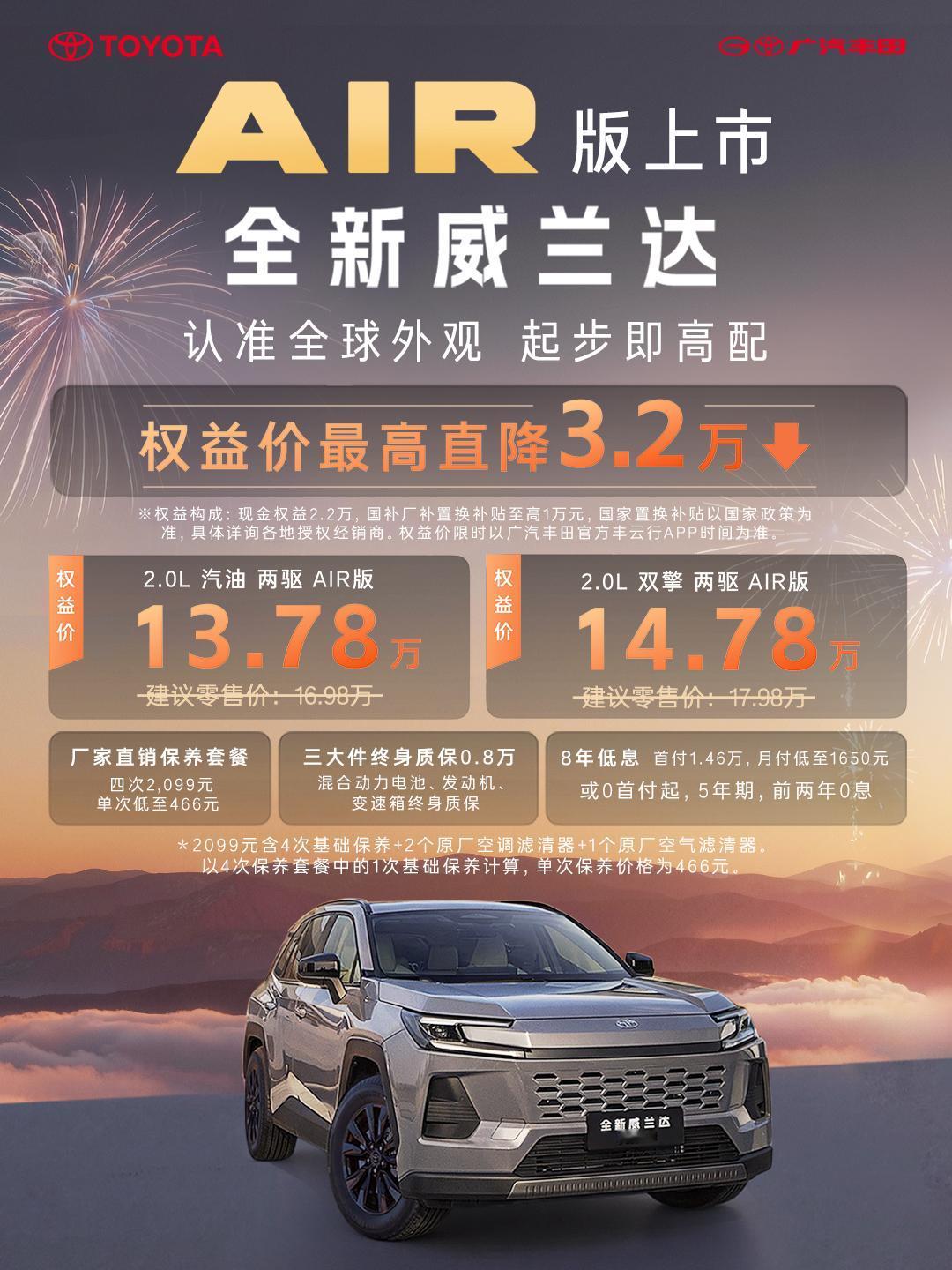 丰田威兰达AIR版上市，厂补国补叠加优惠，2.0L自吸车型的权益价为13.78万