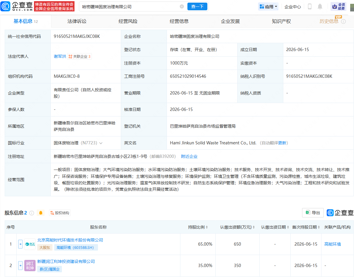 高能环境等在哈密成立固废治理公司