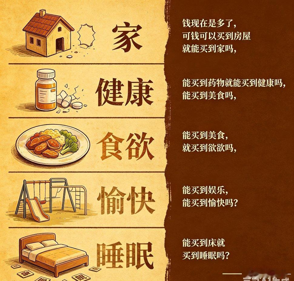 钱现在是多了，可钱可以买到房屋就能买到家吗，能买到药物就能买到健康吗，能买到美食