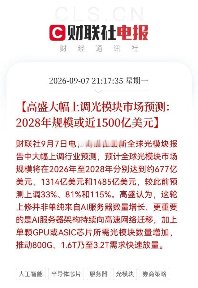 今夜沸腾！           高盛喊出光模块1485亿美金目标  明天恐怕又要