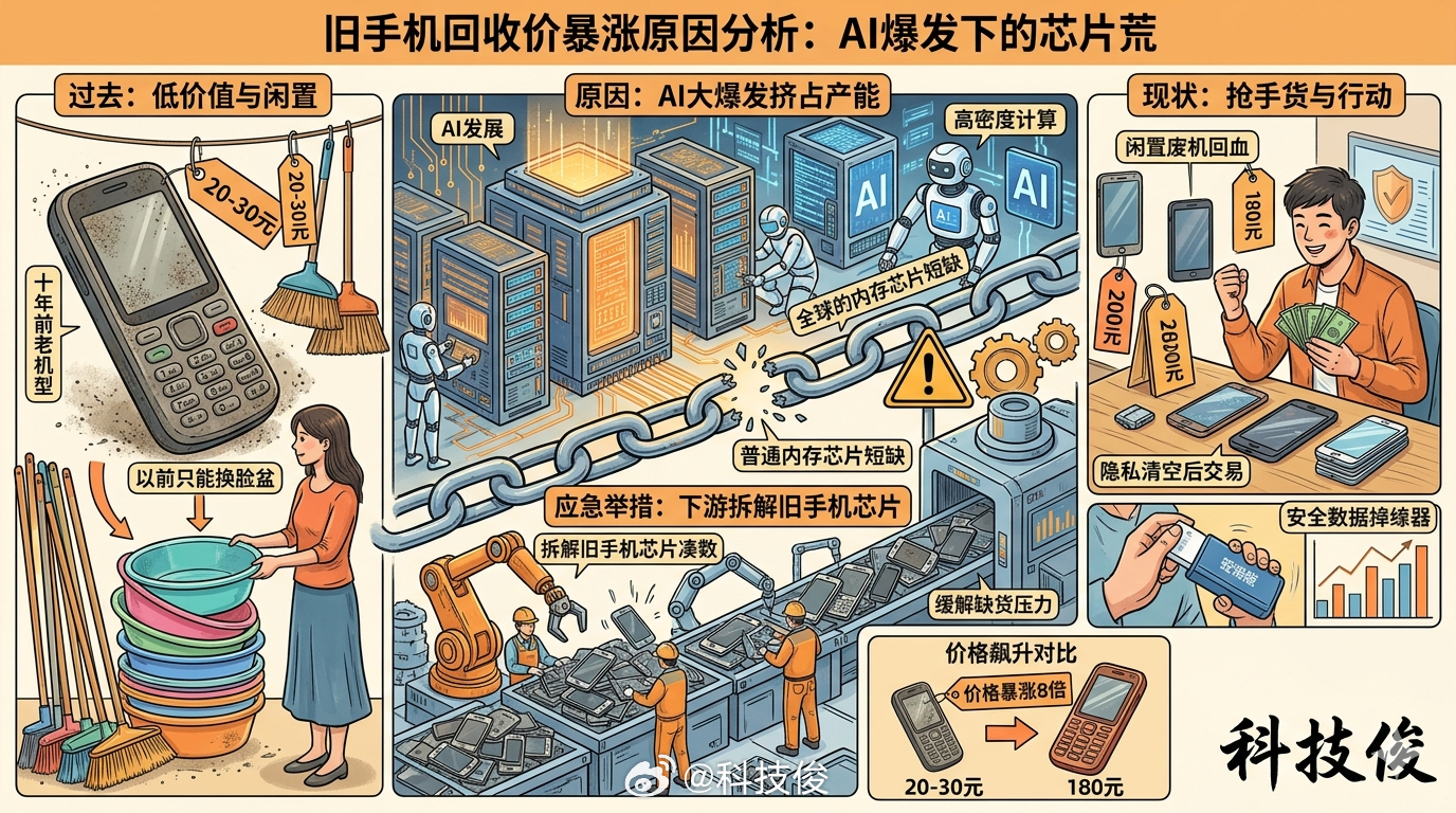 旧手机回收价暴涨8倍原因这么离谱的嘛，以前只能换脸盆的破手机居然成抢手货了。查了