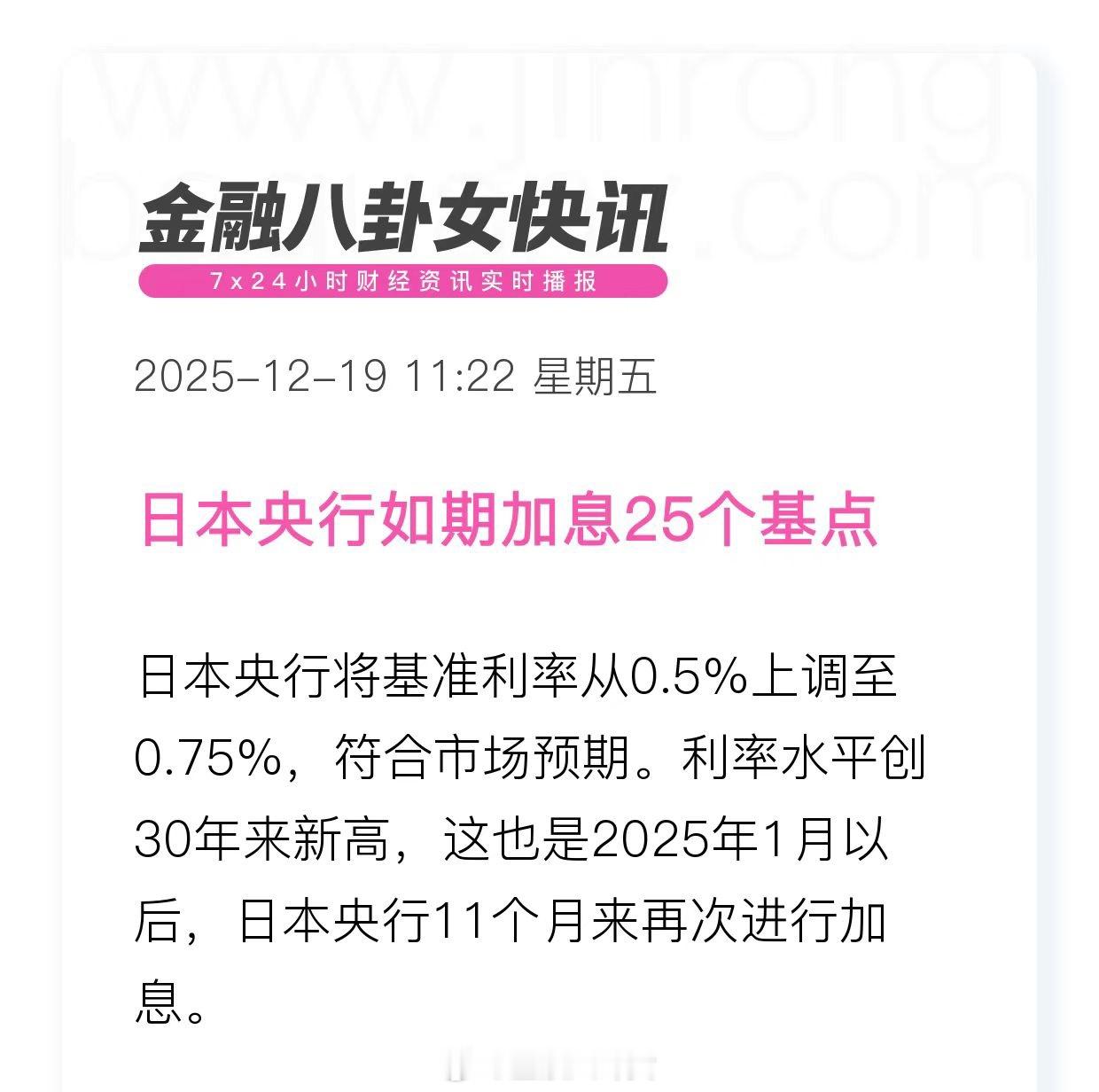 日本央行如期加息25个基点日本央行将基准利率从0.5%上调至0.75%，符合市场
