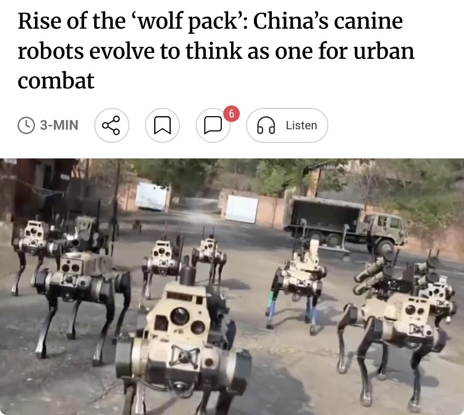外媒：中国军用机器狗已进化为具备群体智能的"机器狼群"，实现从单兵支援系统到协同