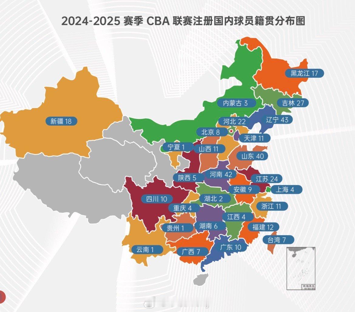 2024-2025赛季CBA联赛官方球员籍贯分布，辽宁籍球员43名，继续连续多年