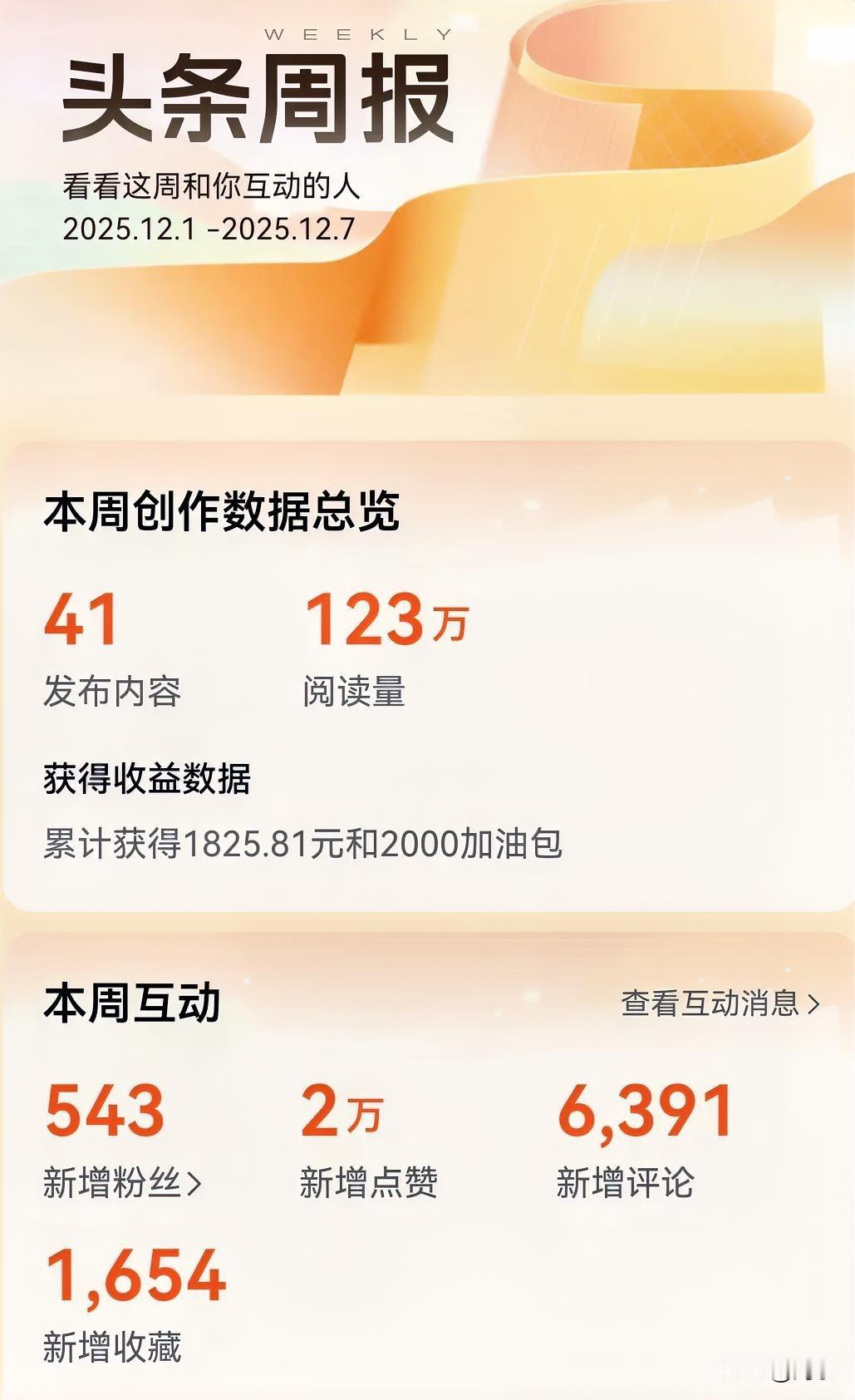 刚才看了一下我上周的头条周报，上周的阅读量破百万，这也算是最近一段时间以来阅读量