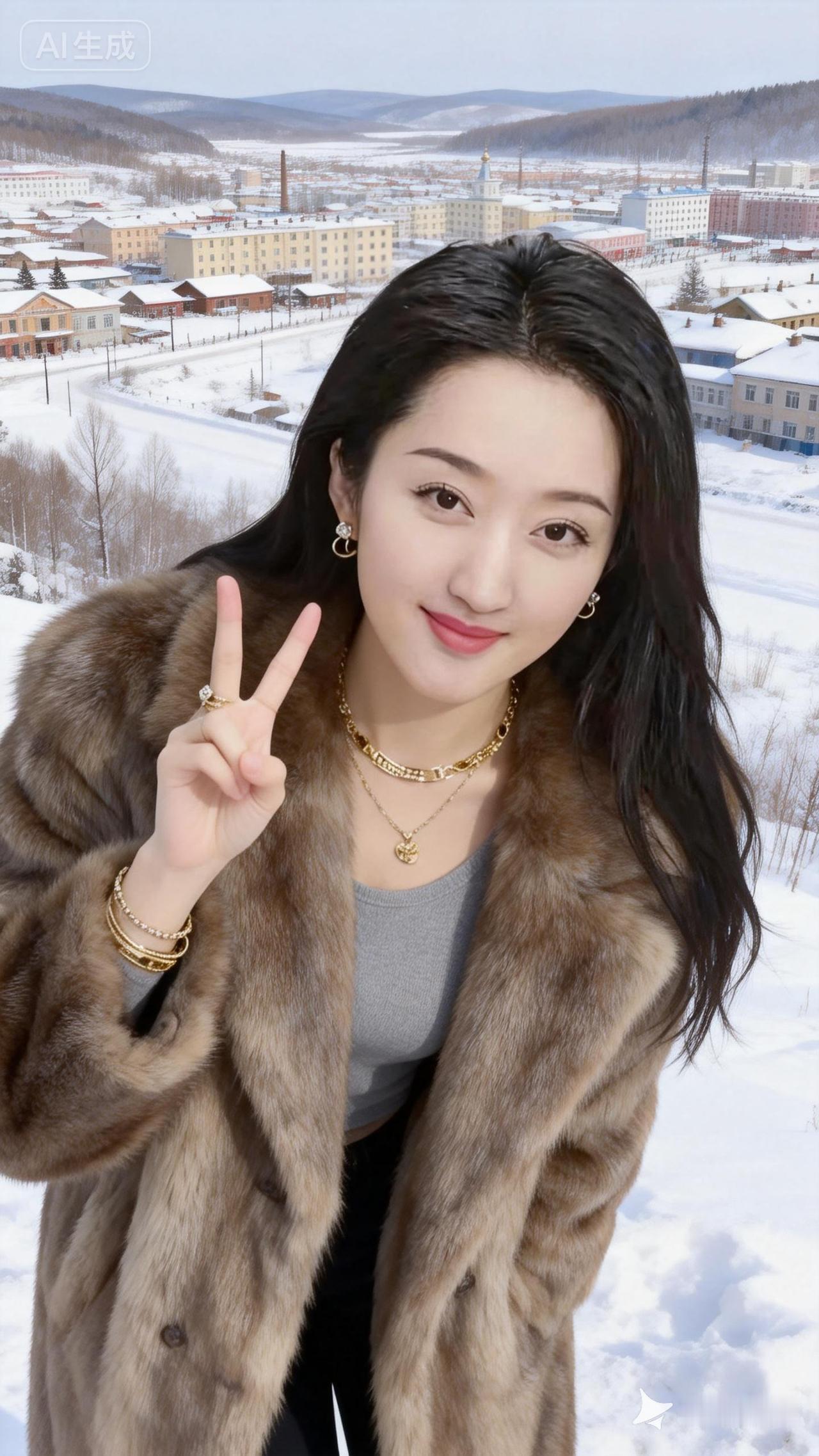 冬日雪景中的时尚自拍，温暖毛绒外套与金色首饰的完美搭配。