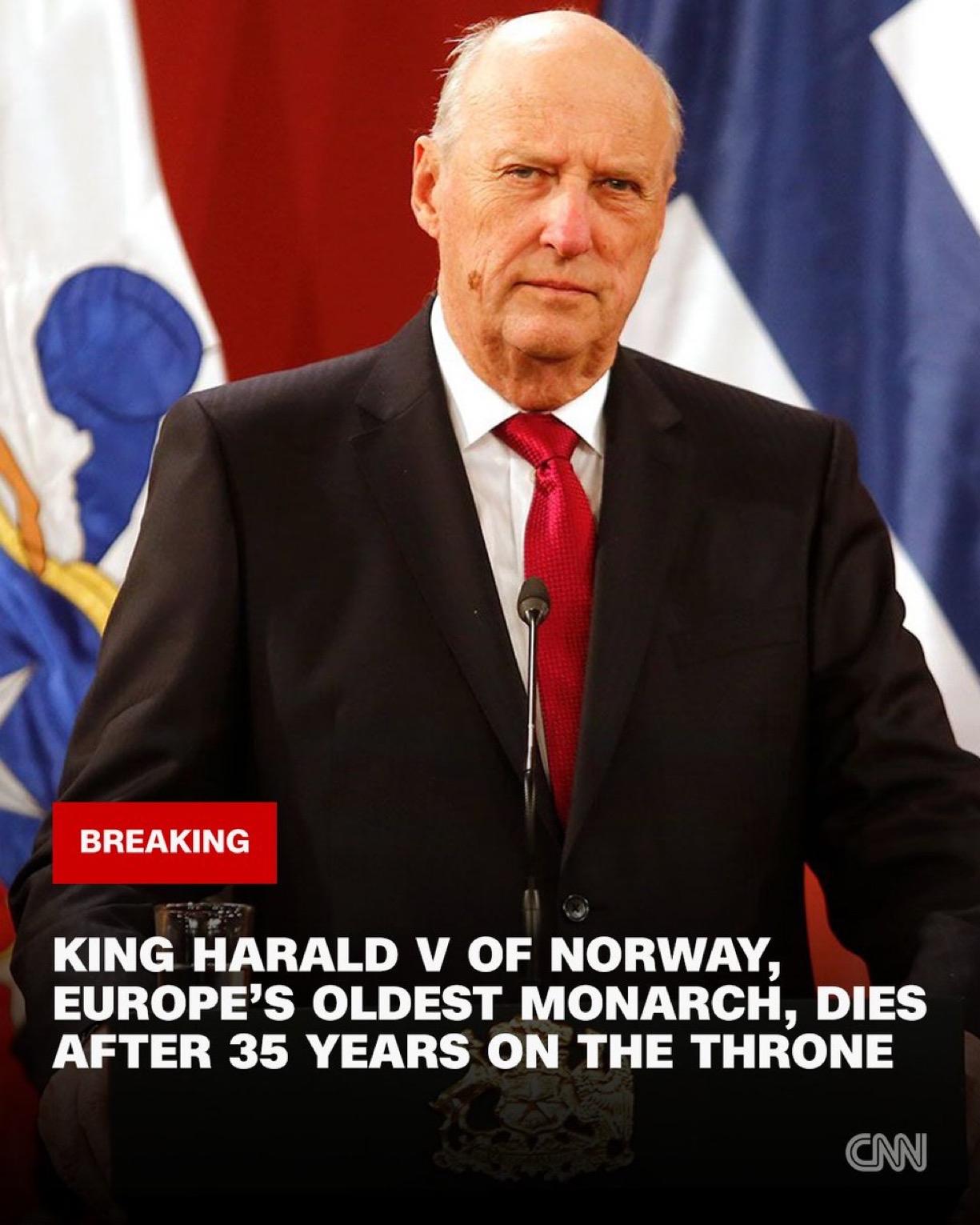 挪威王室宣布，挪威国王哈拉尔五世（Harald V）欧洲在位最久的君主，在位35