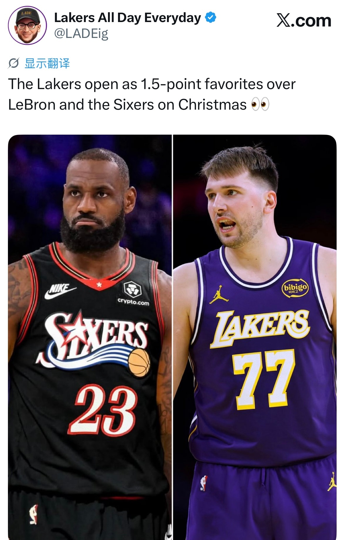 圣诞大战初盘开出，湖人让1.5分，看好战胜詹姆斯所在的76人。NBA圣诞大战