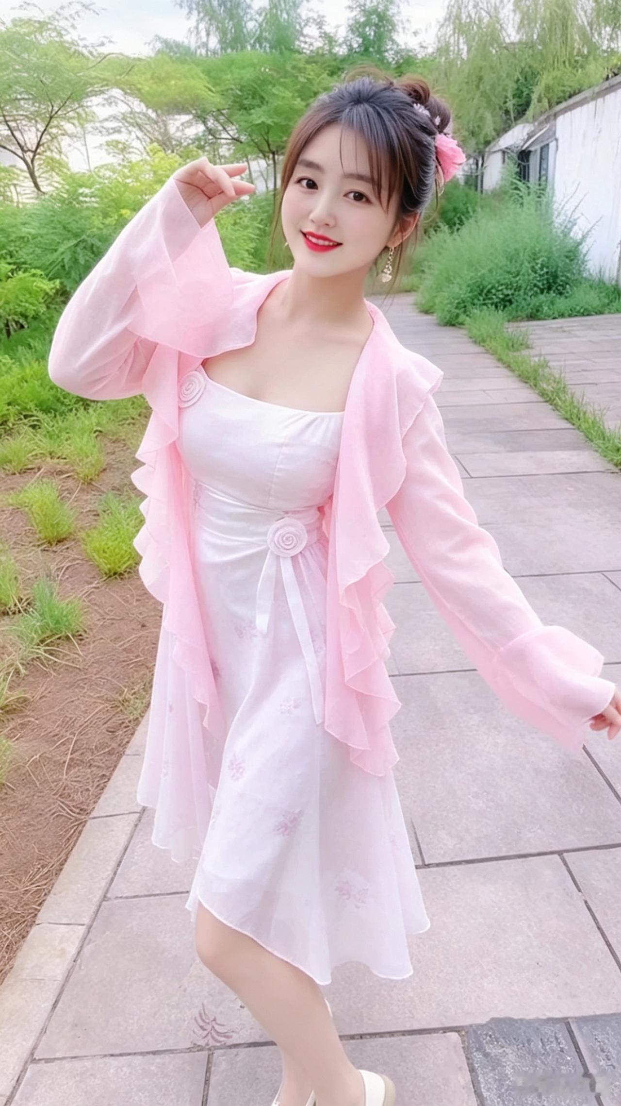 云南小美韵姿娇，
粉袂白裳扮丽妆。
笑靥盈盈眸似耀，
身姿袅袅舞情扬。
轻舒玉臂
