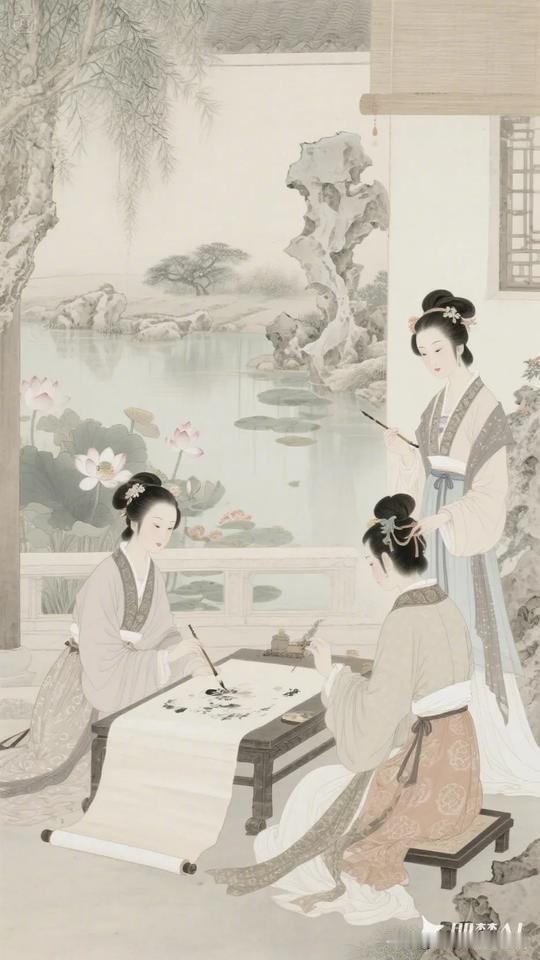 三位身着宋代褙子的仕女在江南庭院中作画