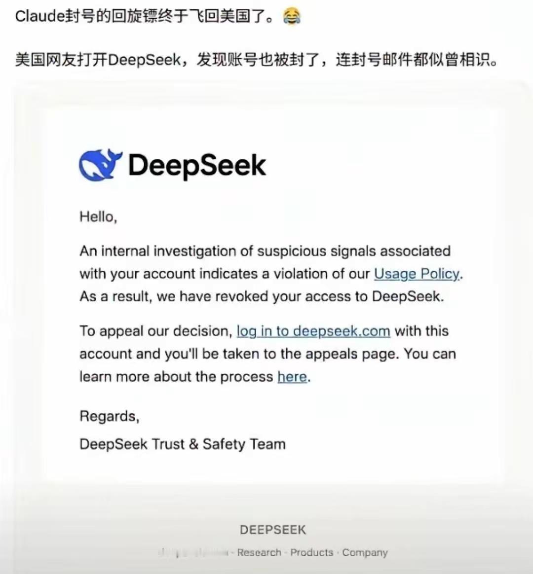 美网友发现自己DeepSeek账号被封。claude封号回旋镖飞回去，美网友发现