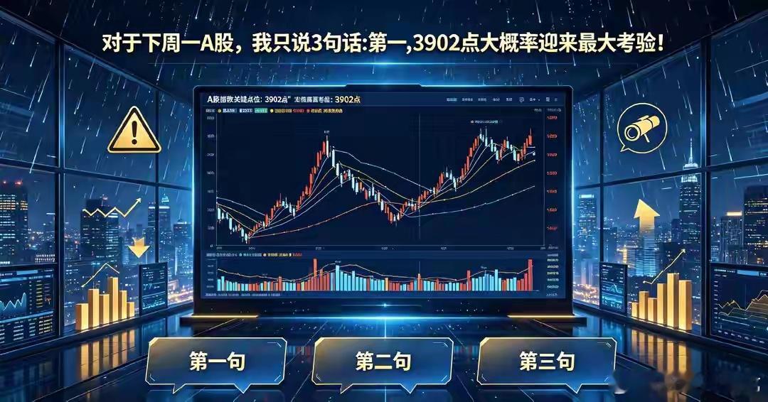对于下周一A股，我只说3句话:第一,3902点大概率迎来最大考验！理性看待下周一