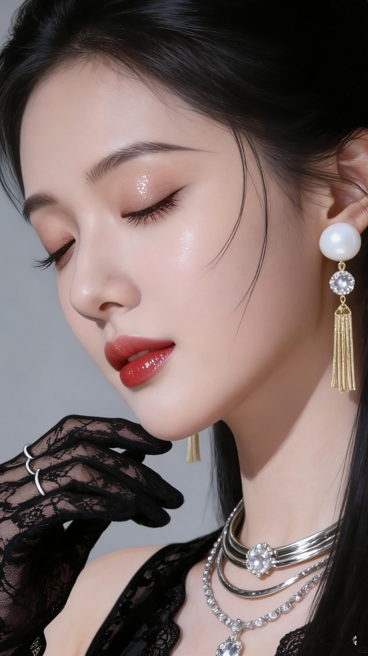 侧脸特写，女子闭目凝神，纤长睫毛、莹润朱唇，肌肤似羊脂白玉，黑发轻贴面颊，尽显东