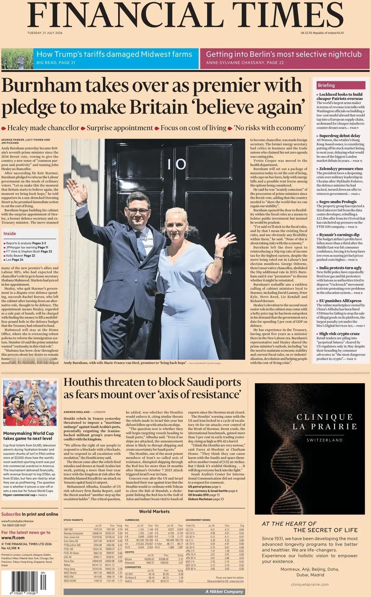 媒体还真把新首相当成英国的“救星”！
《金融时报》头版报道称，伯纳姆接任首相，承