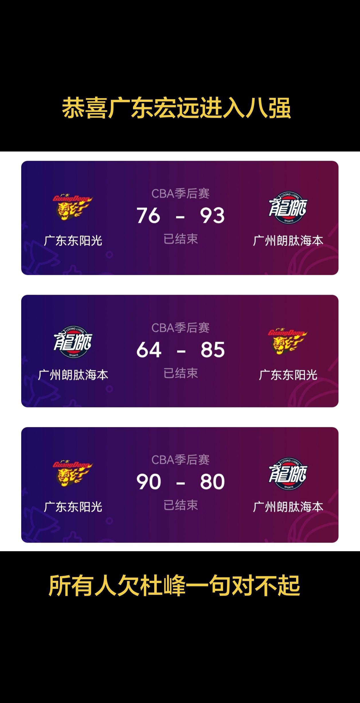 广东宏远大胜广州，0比1落后的情况下，连扳两局拿下广州龙狮。恭喜广东宏远成功进入