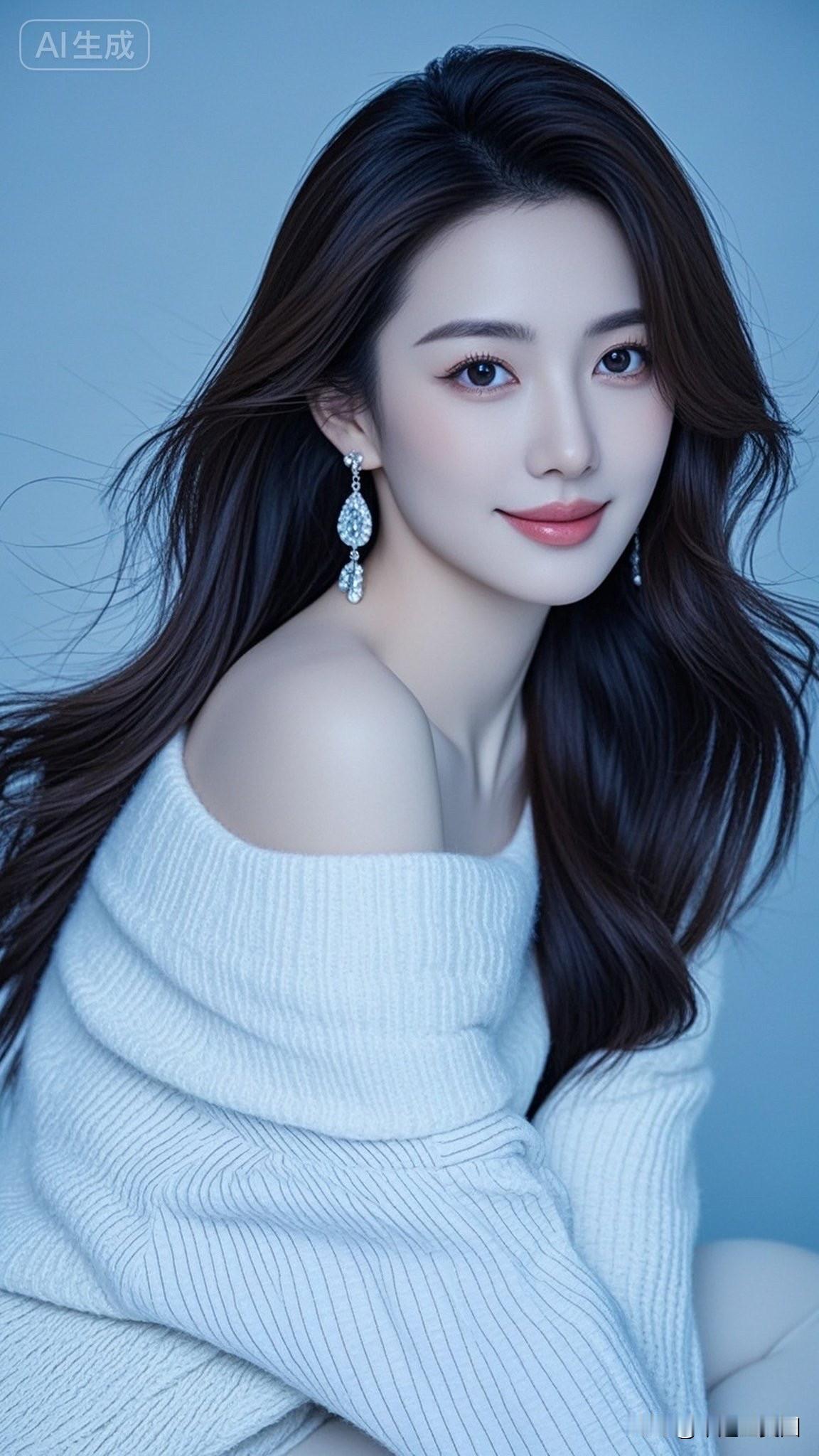 温柔优雅的氛围，白色毛衣搭配长卷发，尽显都市女性魅力。