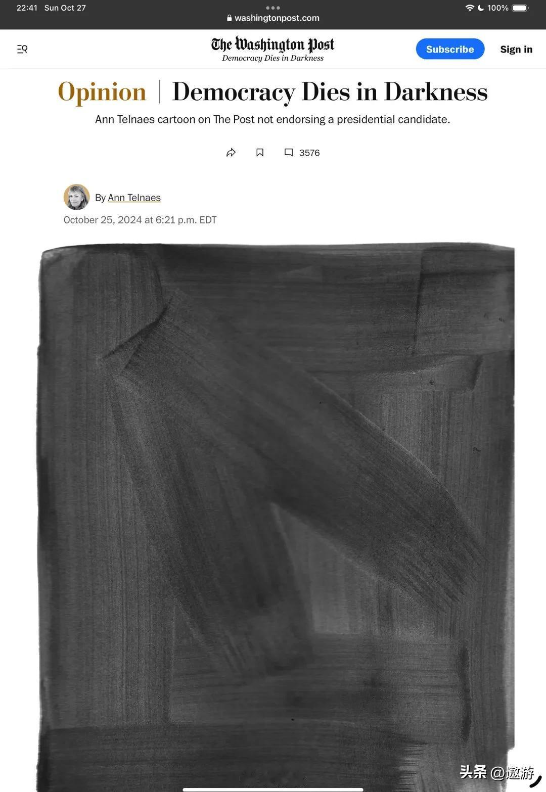 华盛顿邮报评论部员工发表漫画，无声抗议老板贝佐斯拒绝背书哈里斯的决定。
同时在评