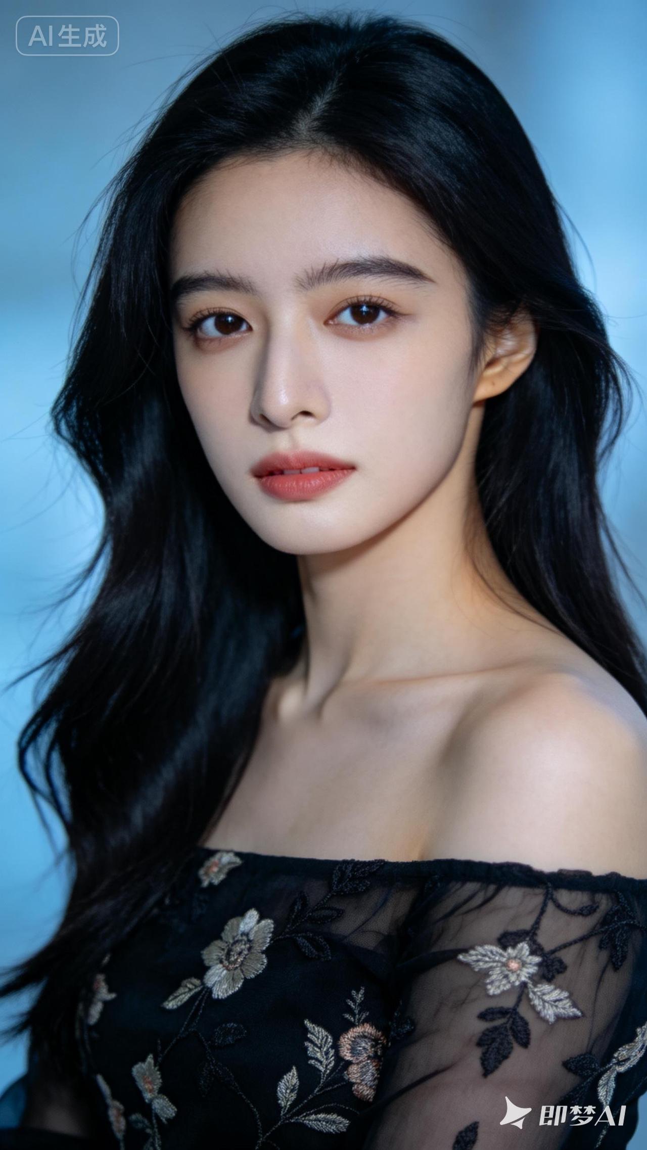 人美，美彤彤，瓜子脸，披肩柔顺黑长发，黑色提花刺绣轻纱衣服一字肩，高清，蓝光，高