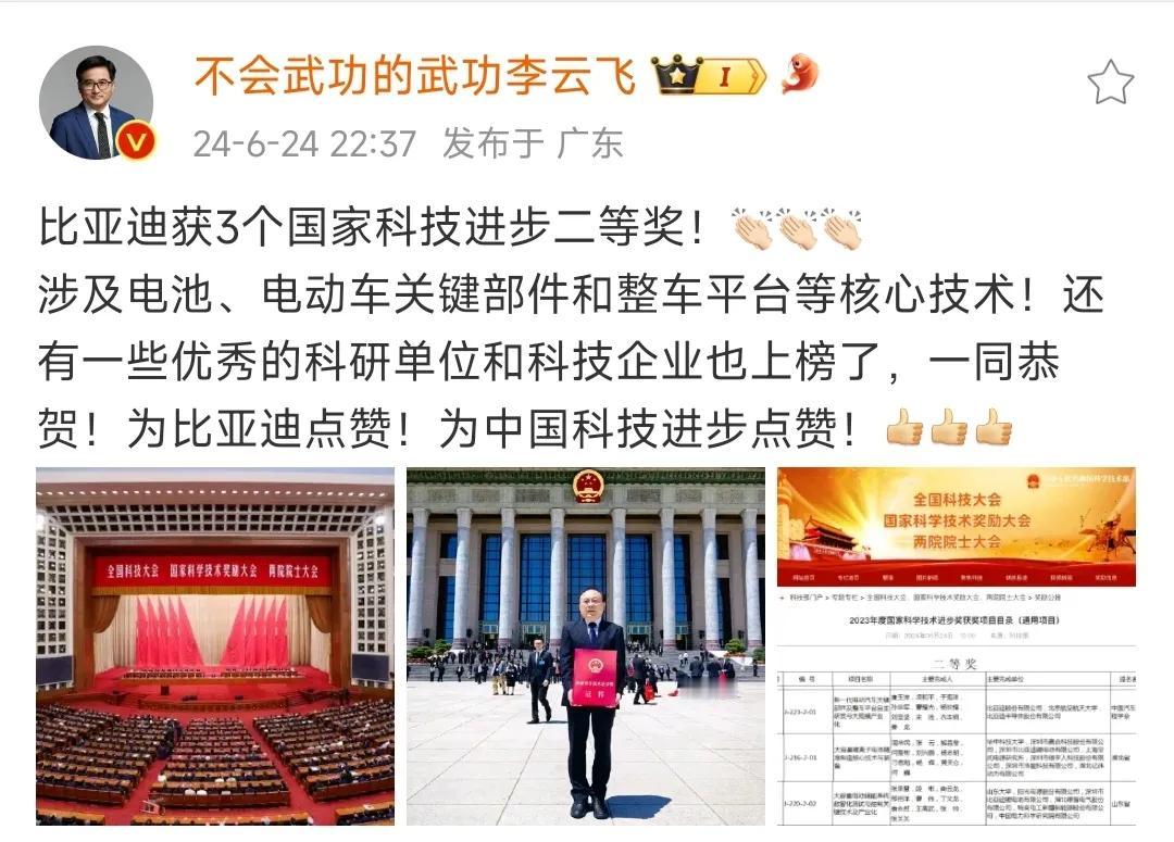 比亚迪获得3个国家科技进步二等奖，涉及电池、电动车关键部件和整车平台等。