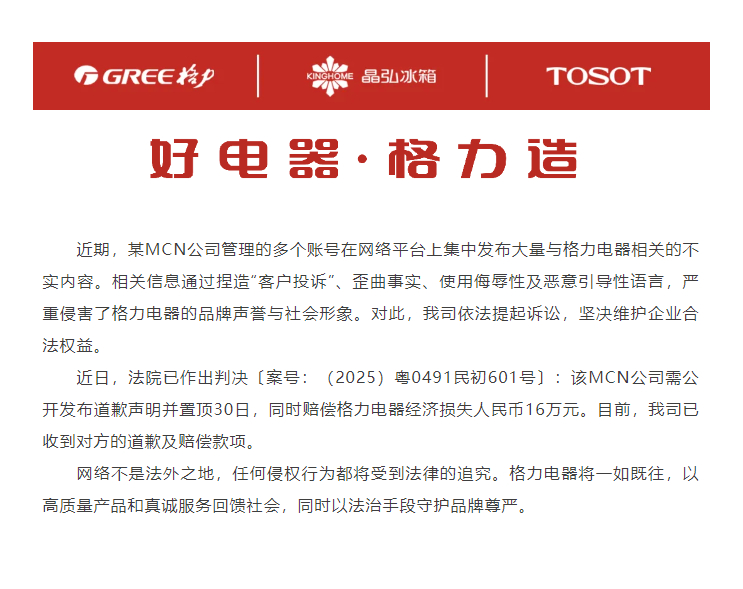 【#一公司发布格力不实内容被判赔16万#】 #一MCN公司发布格力不实内容被判赔