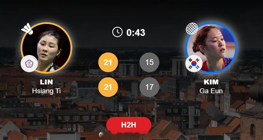 尤杯 1/4赛 中国台北 1-2 韩国女单 林湘缇 21-15 21-17 金佳