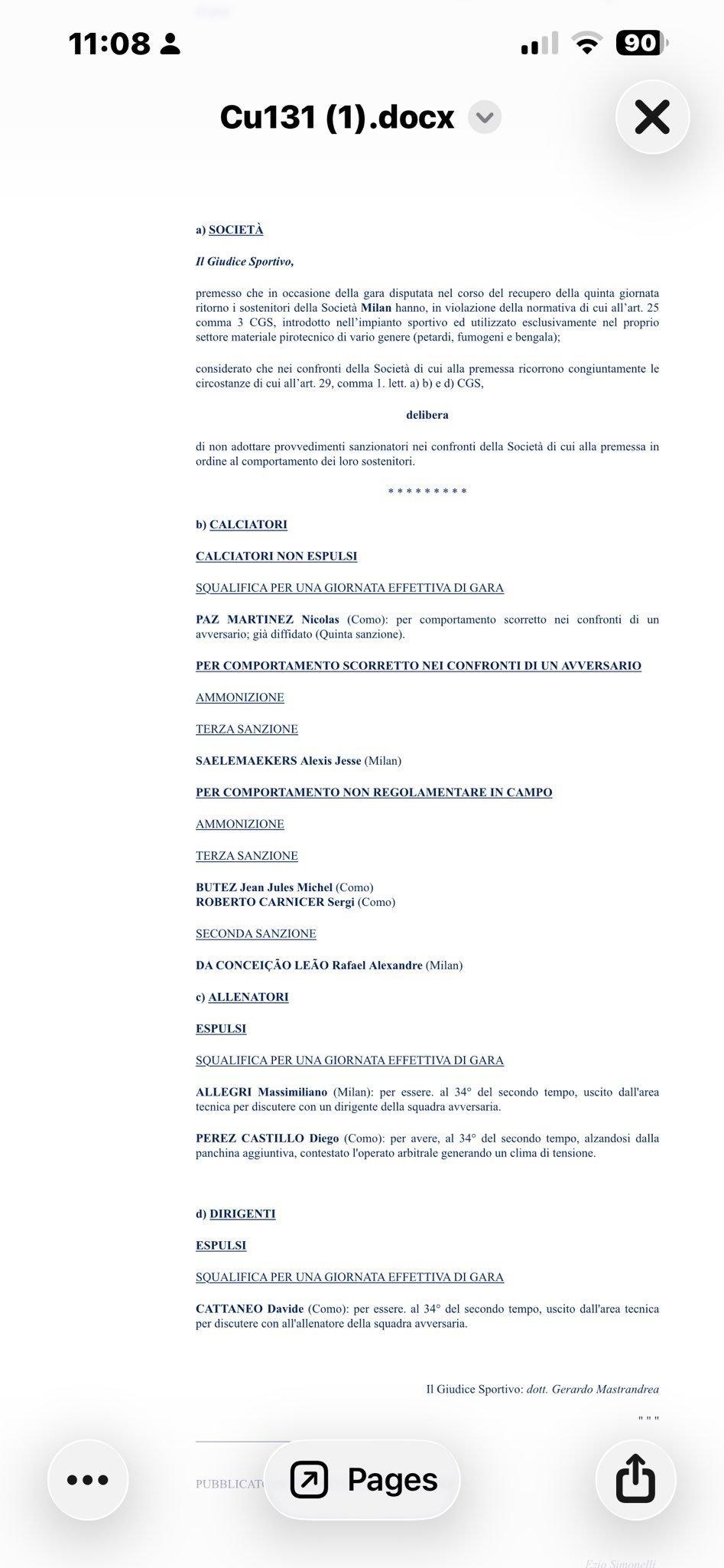 AC米兰 阿莱格里被停赛一场，"因离开技术区与对方管理人员争执"。意甲