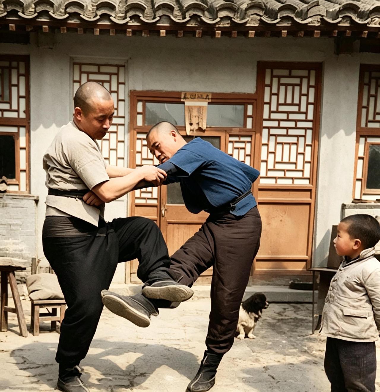 这是民国两名汉子正互相缠斗角力，一侧有个稚童全神贯注地观战。左边的壮汉身材虽不算