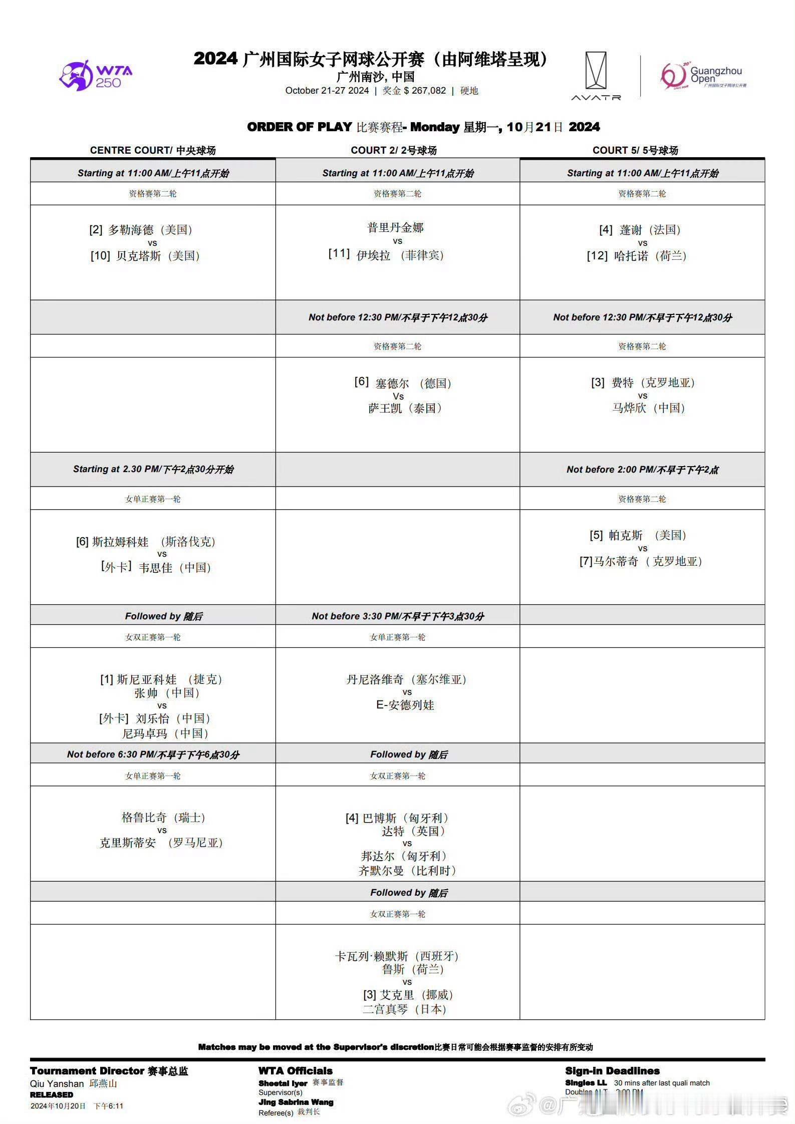 今日赛程：【WTA500】🇯🇵东京站⏰12:00 🇨🇳王欣瑜/🇨🇳郑