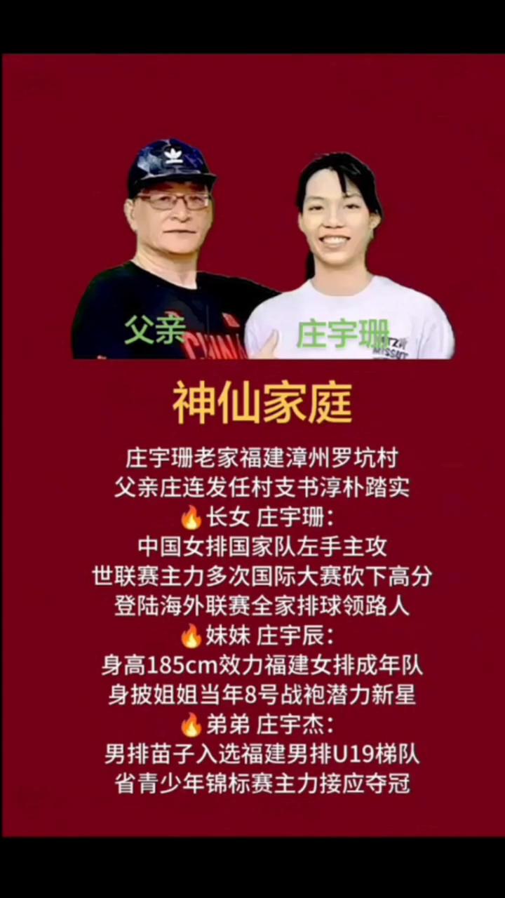 父亲庄宇珊，神仙家庭。
庄宇珊老家福建漳州罗坑村，父亲庄连发任村支书，淳朴踏实。