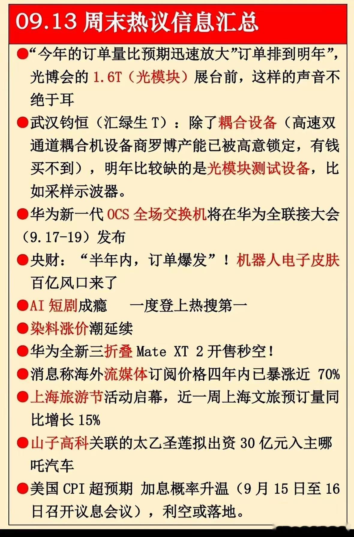 周末消息不少，挑重点说。光模块这条线消息最密集，1.6T订单排到明年，测试设备也