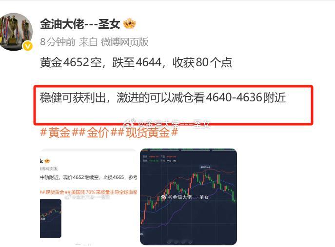 恭喜激进的朋友们，黄金4652的空单在4640以及4636全部止盈黄金金价黄金金
