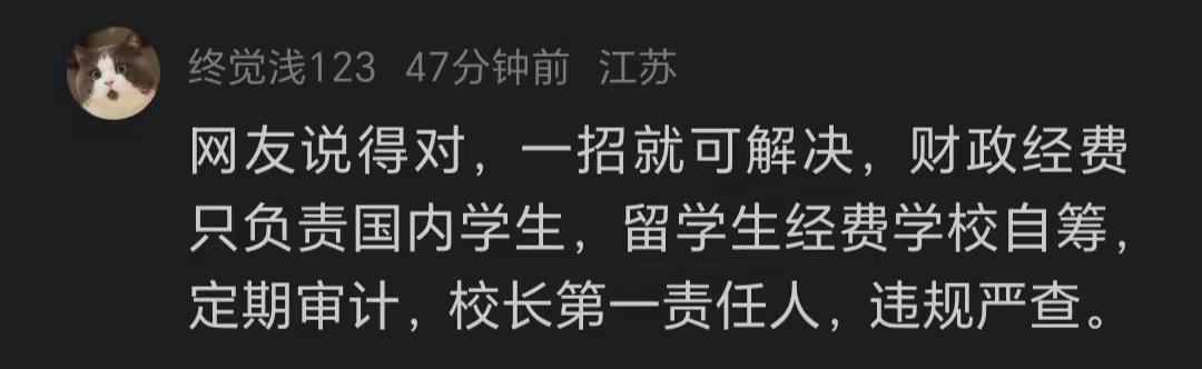 不少网友提出解决留学生超国民待遇的办法，核心方案为划分经费来源：财政拨款仅用于国