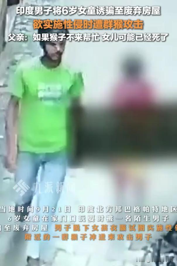 连猴子都看不下去了！印度，一名6岁小女孩在自家门前玩耍，随后被一名陌生男子诱骗到