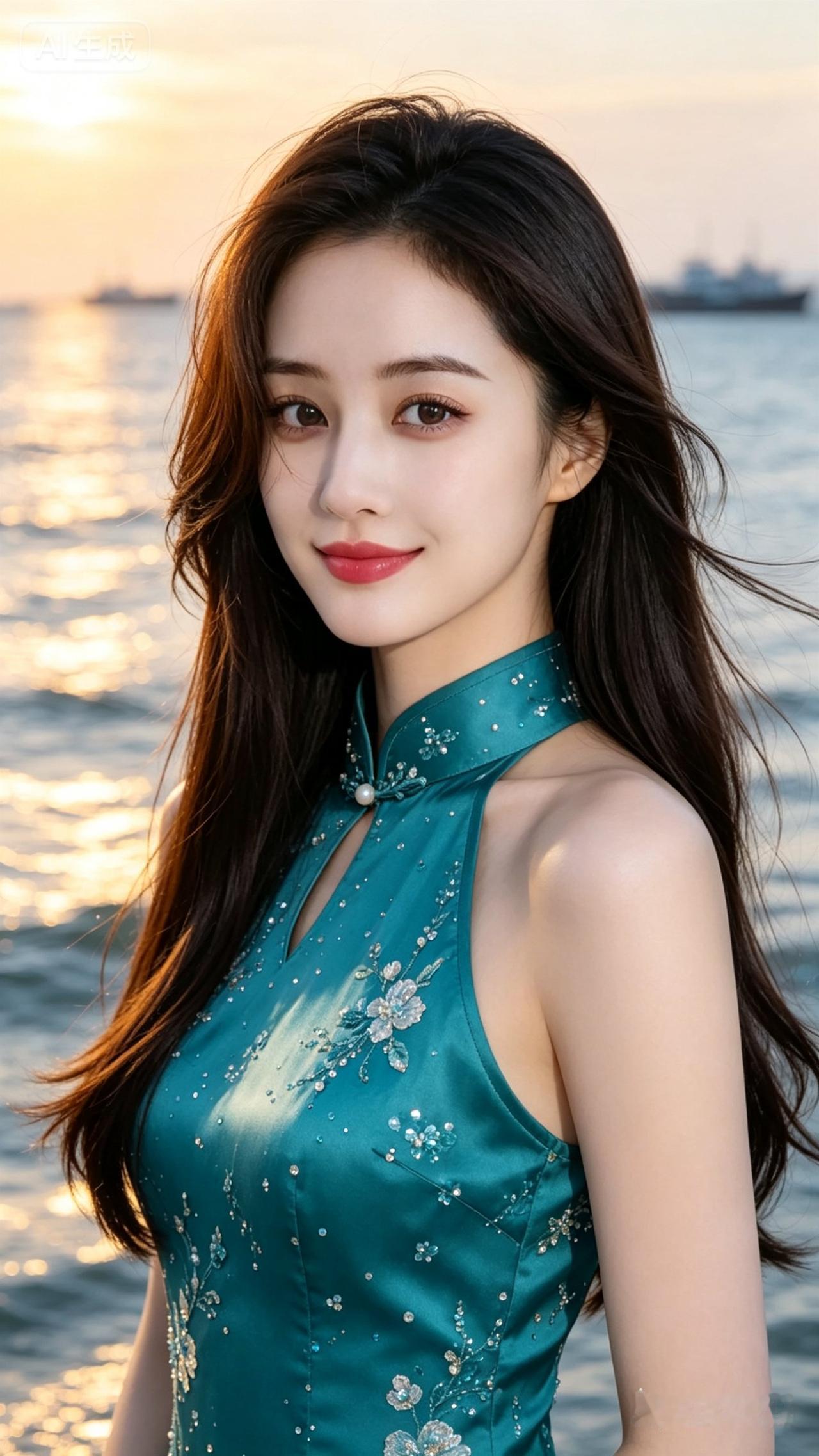 夕阳下的海边，温柔少女，惊艳的蓝绿色旗袍，美不胜收！