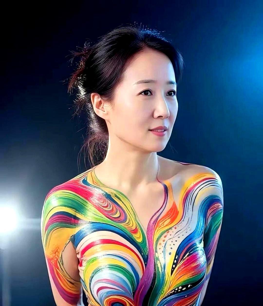 模特赤裸上台，两把喷枪对准她身体开火。
 
这不是特效，是巴黎时装周的真实闭幕。