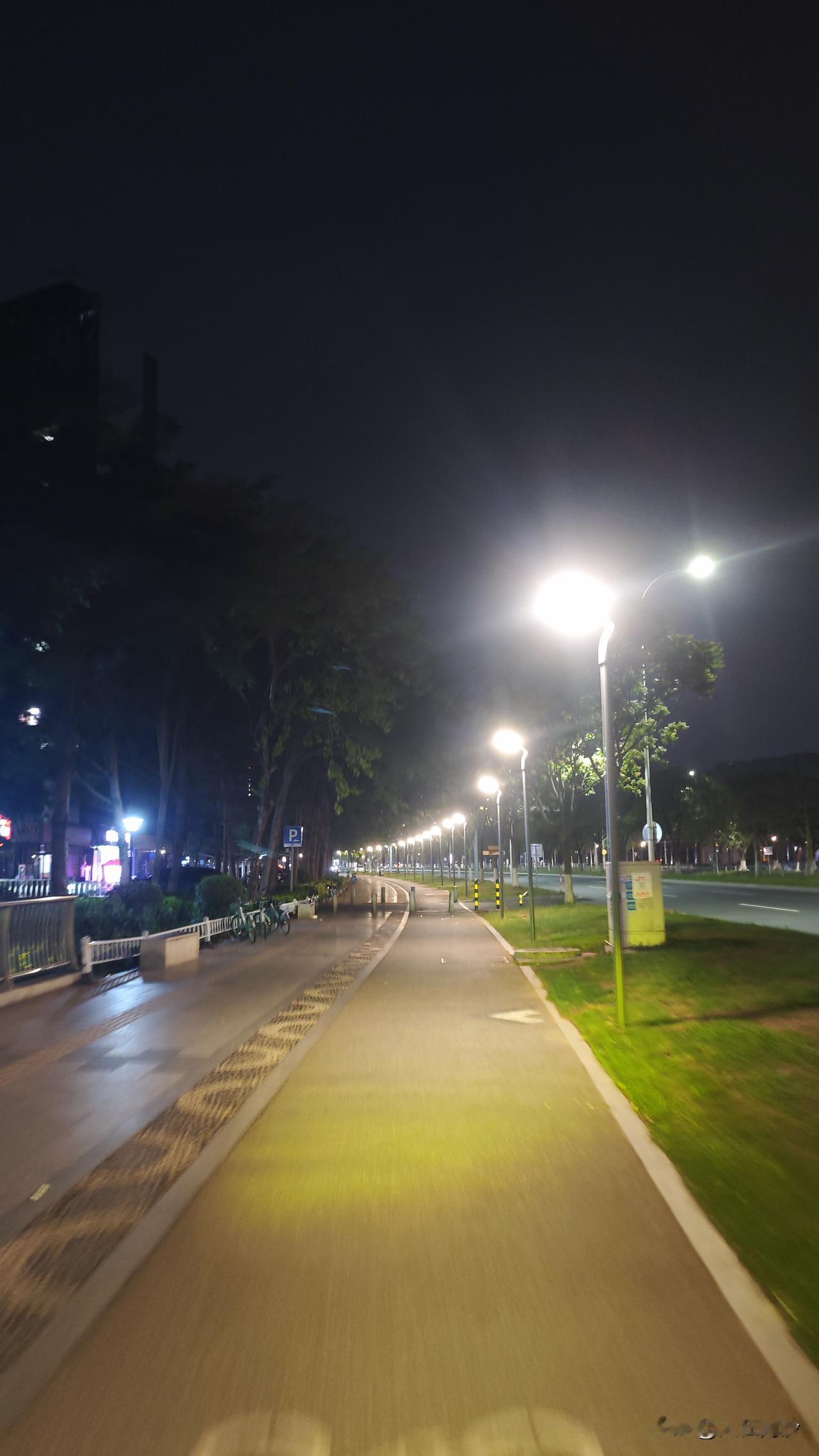 环市大道滨海珺城段加装路灯亮灯了，效果很不错。
四个字总结：又亮又密。