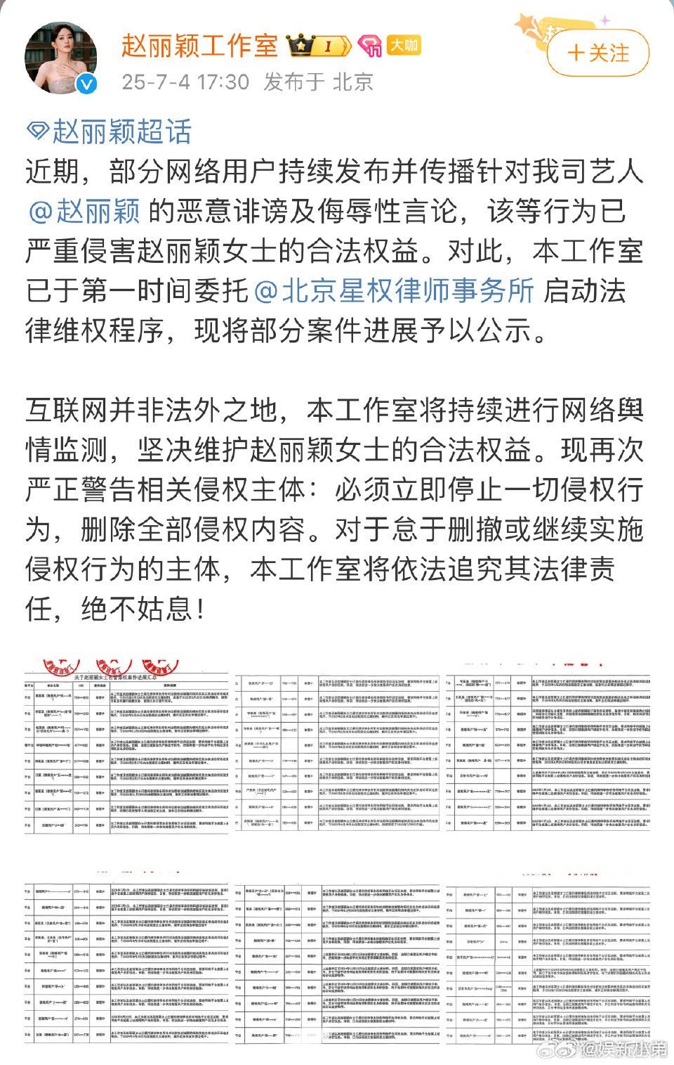 赵丽颖全平台告名单公布了！密密麻麻好多人赵丽颖 ​​​