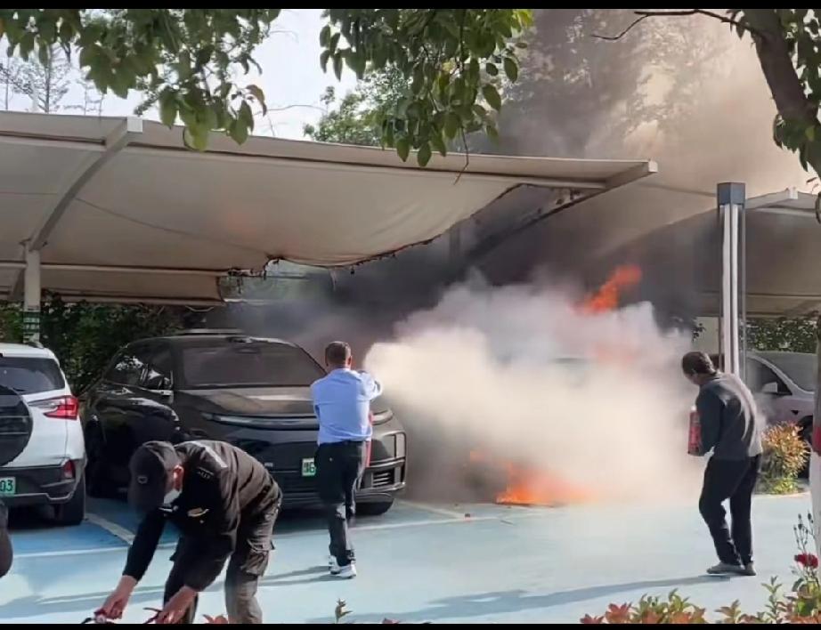 新能源电动车又又又燃烧爆炸了，只见五六个保安一同拿着灭火器救火，最后灭火器都喷完