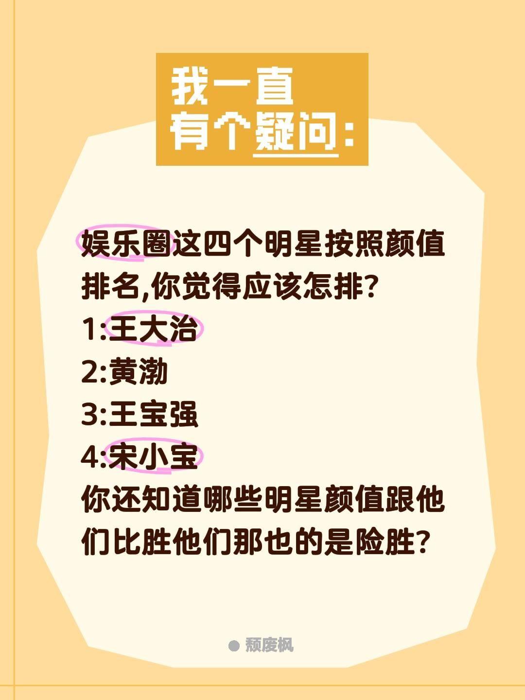 娱乐圈这四个明星按照颜值排名,你觉得应该怎排?
1:王大治
2:黄渤
3:王宝强