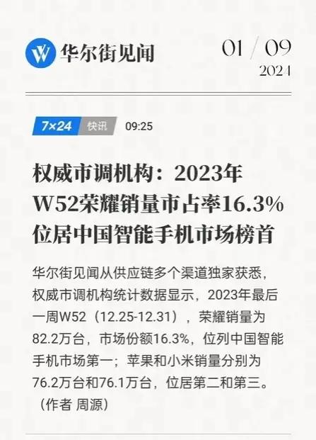 荣耀去年的销售这么高？2023年最后一周销量为82.2万台，居然比小米和苹果的销