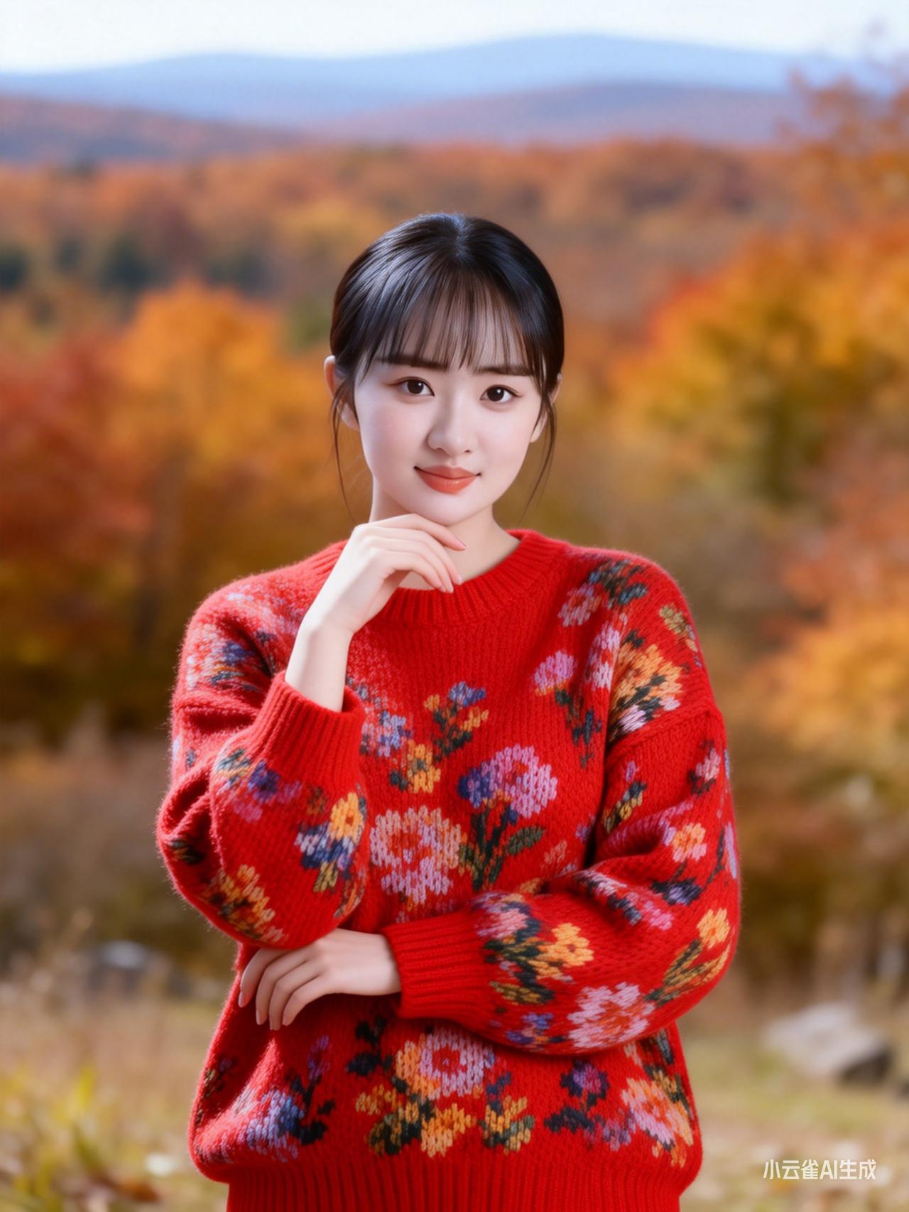 红衣映秋色，笑语暖山间。