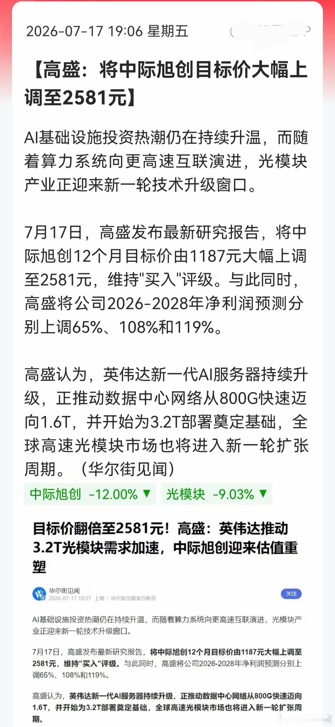 高盛上调中际旭创目标价到2581，盘面却大跌12%——这就是当下中际旭创的全部真