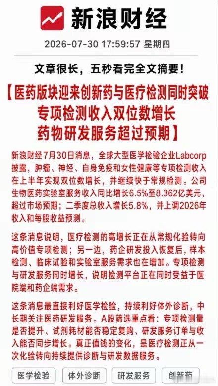 利好！大利好！医药版块迎来创新药与医疗检测同时突破！专项检测收入双位数增长，药物