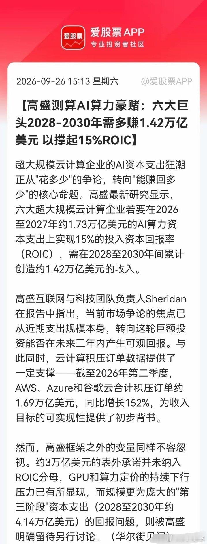 高盛“算账”美六大云巨头的AI资本支出，利好、利空方向出炉……消息上：高盛测算，