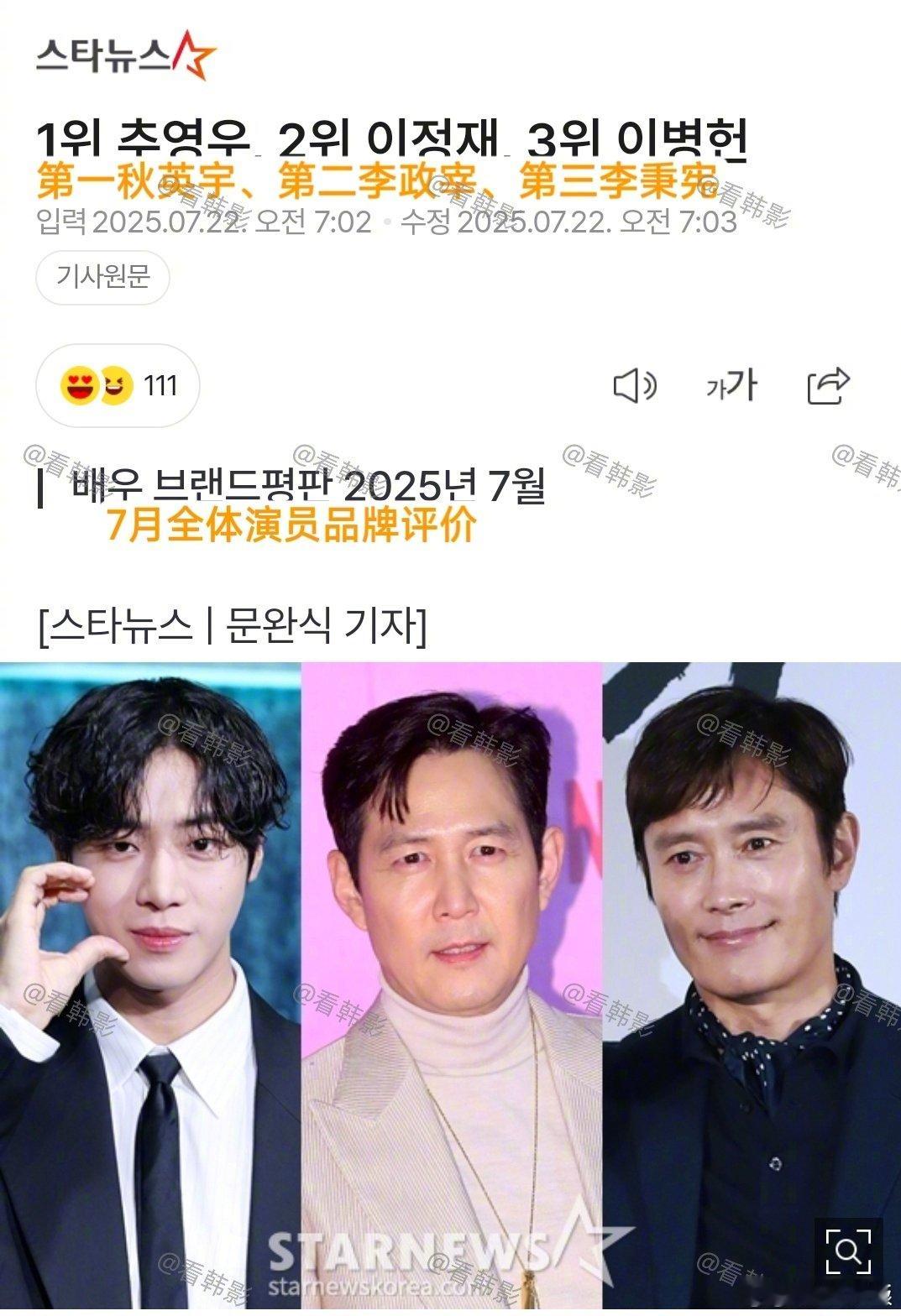 韩国演员7月品牌评价榜韩国今年爆火的男演员 近日，2025年7月韩国全体演员品牌