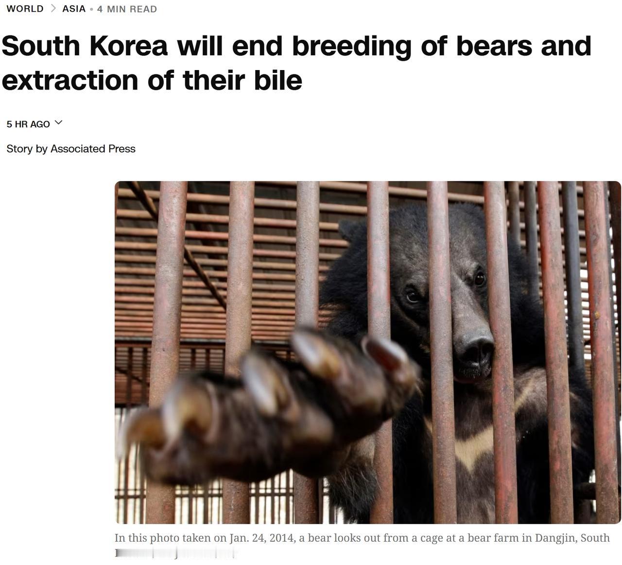 韩国禁止熊胆养殖业
当地时间周二，韩国气候、能源与环境部宣布，将从1月1日起禁止