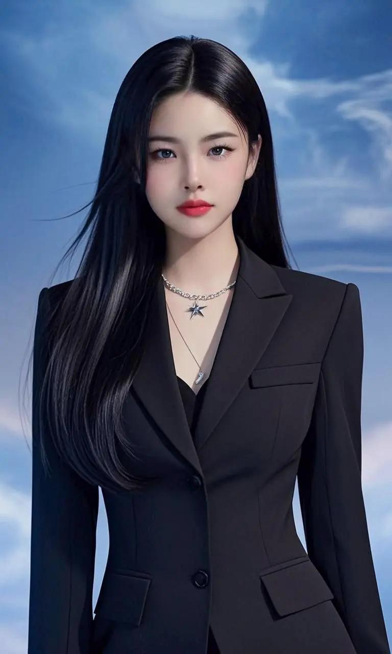 冷艳黑色西装，红唇魅惑，星月项链，尽显时尚都市魅力女神！