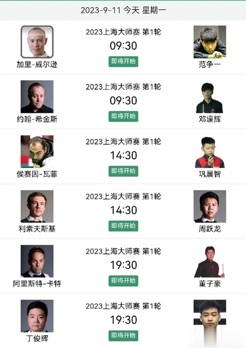 斯诺克上海大师赛今天开杆，今天一共进行6场比赛，9点30分:范争一对阵加里·威尔