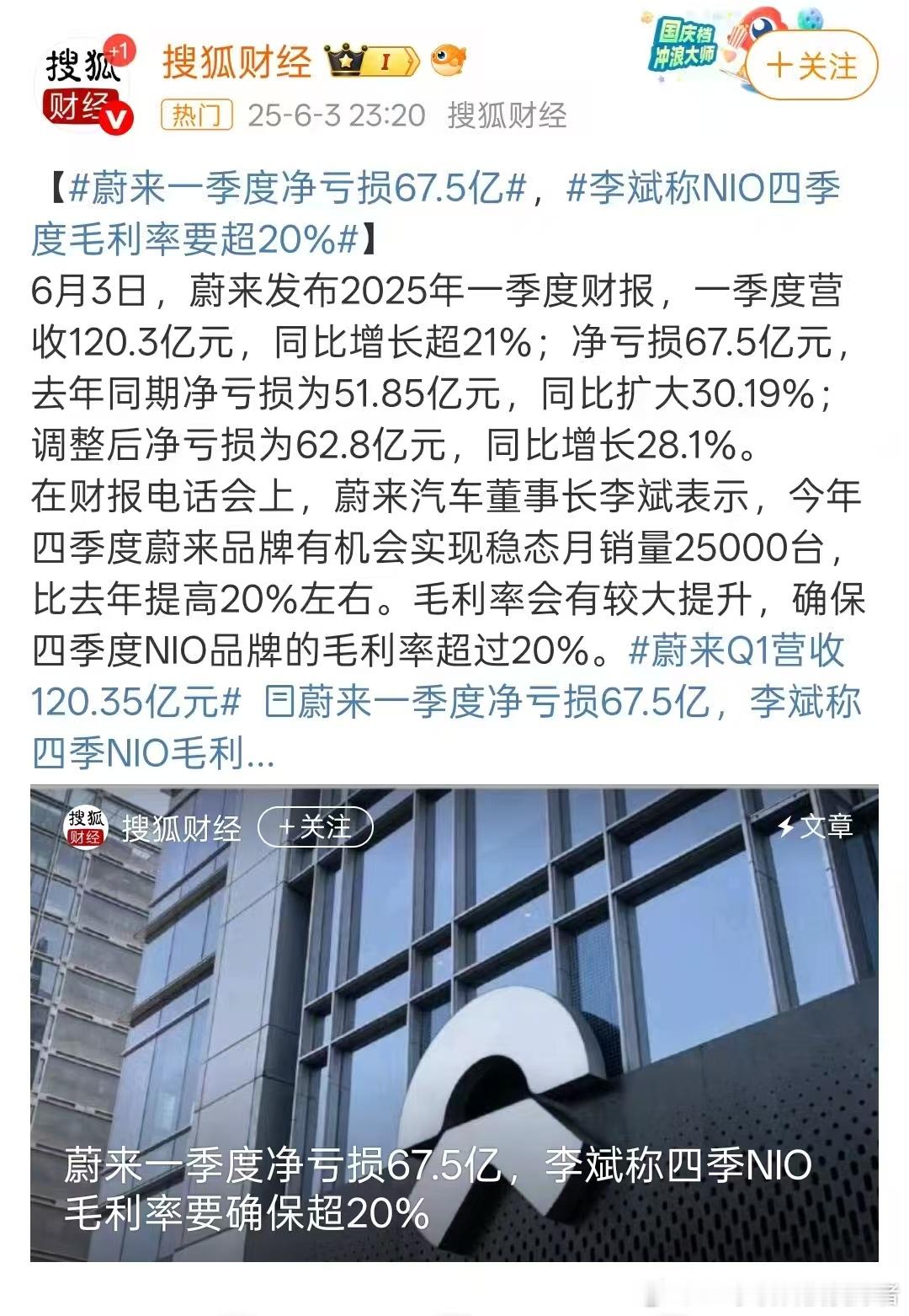 蔚来汽车公布2025年第一季度财报，营收120.3亿元，净亏损67.5亿元。说真